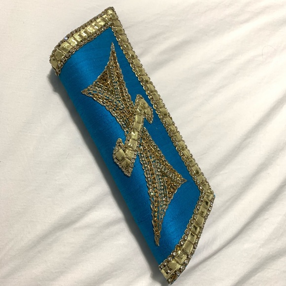 Blue & Gold South Asian Inspired Clutch- Raw Silk - Picture 2 of 12